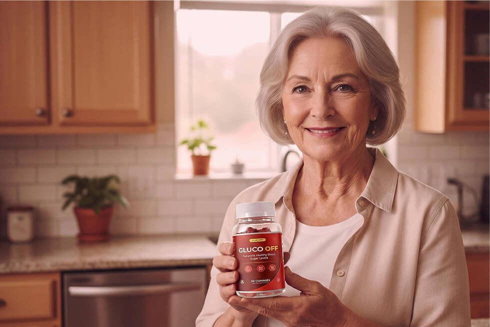 Woman holding Gluco Off bottle smiling
